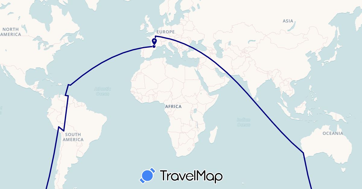 TravelMap itinerary: driving in Australia, Bolivia, France, Japan, Saint Martin, Peru, Venezuela, British Virgin Islands (Asia, Europe, North America, Oceania, South America)